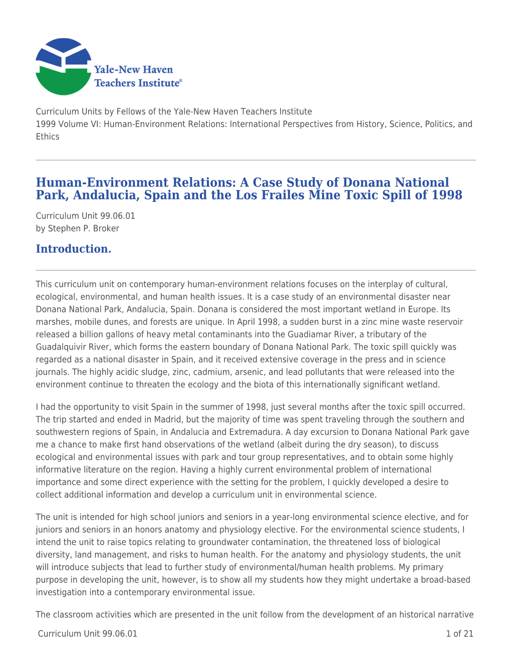 A Case Study of Donana National Park, Andalucia, Spain and the Los Frailes Mine Toxic Spill of 1998