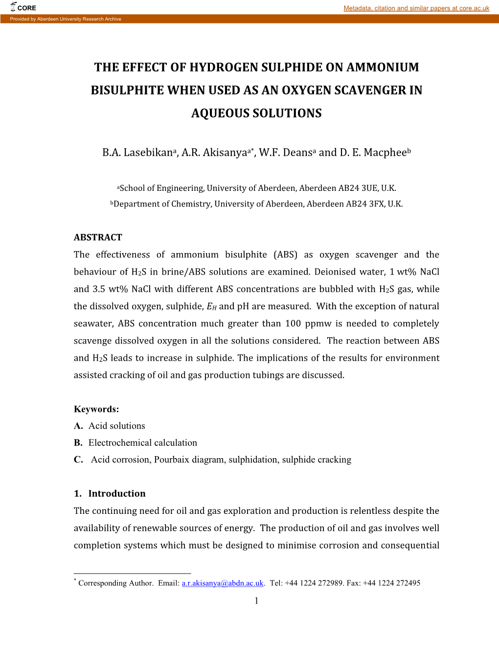 The Effect of Hydrogen Sulphide on Ammonium Bisulphite When Used As an Oxygen Scavenger in Aqueous Solutions