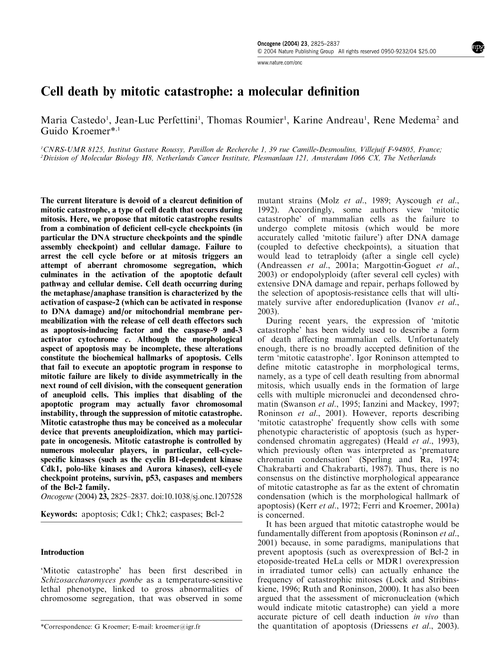 Cell Death by Mitotic Catastrophe: a Molecular Definition