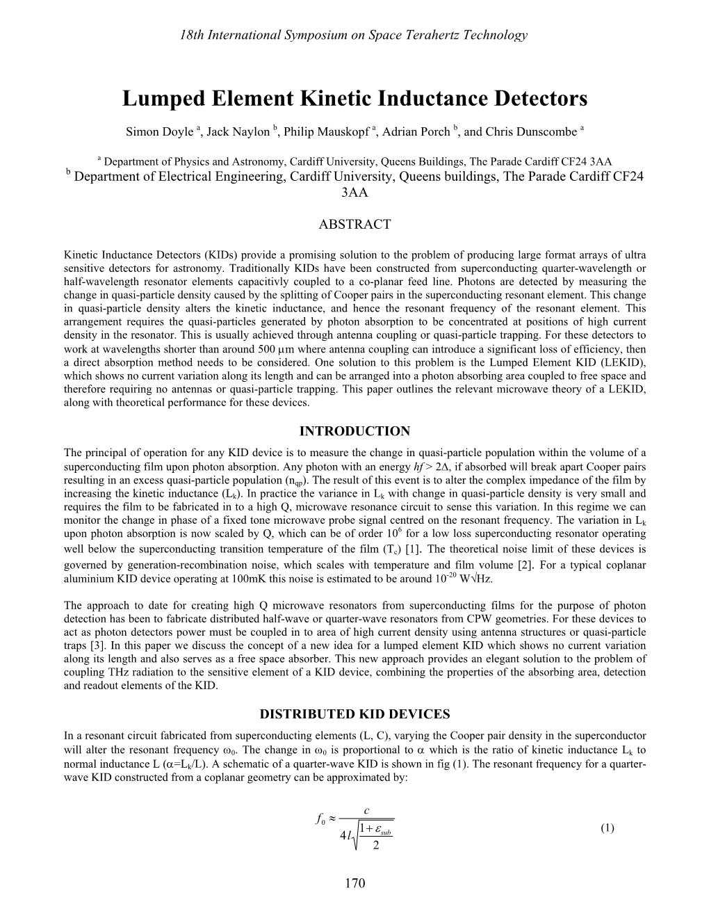 Lumped Element Kinetic Inductance Detectors