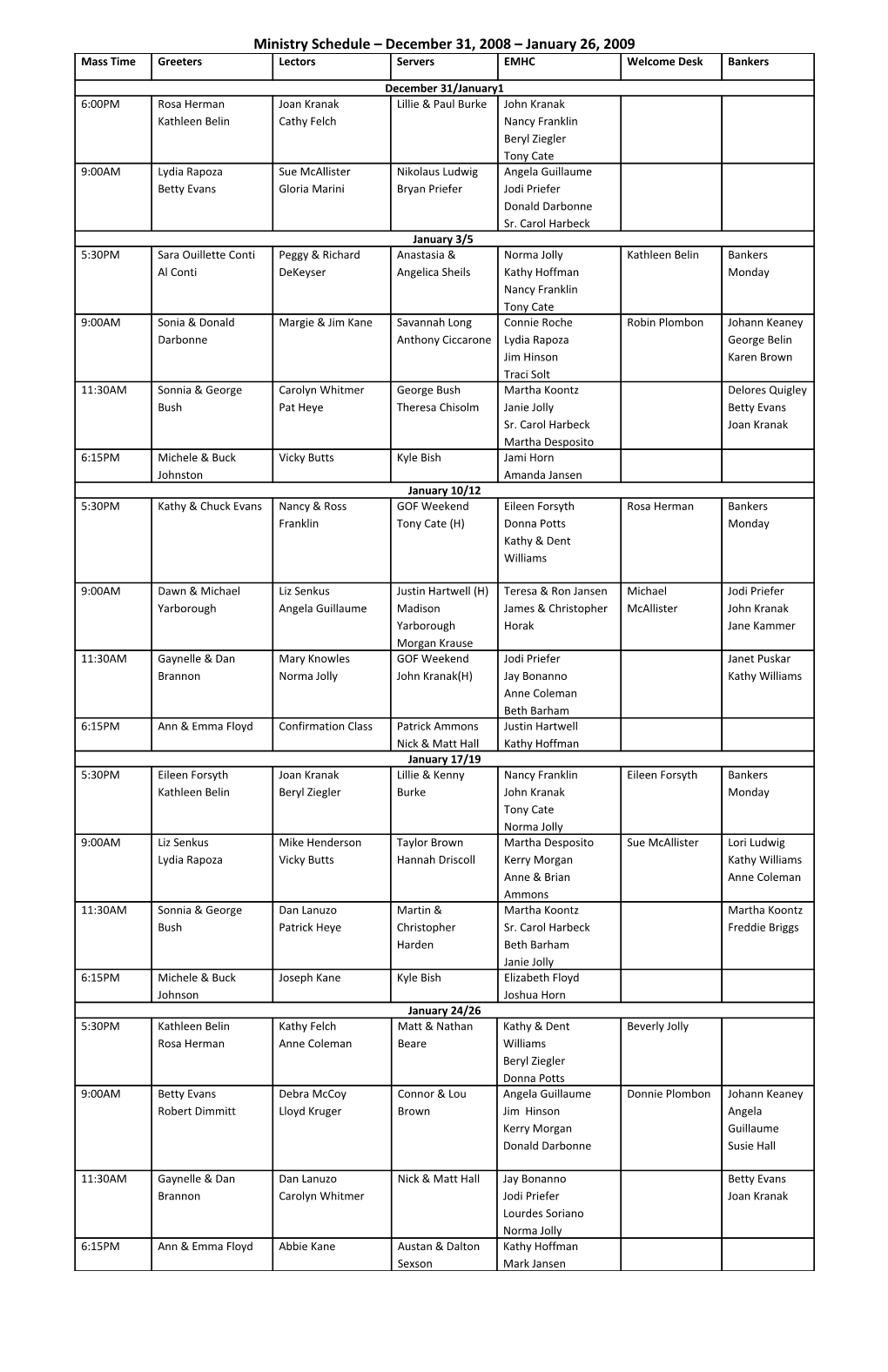 Ministry Schedule December 31, 2008 January 26, 2009