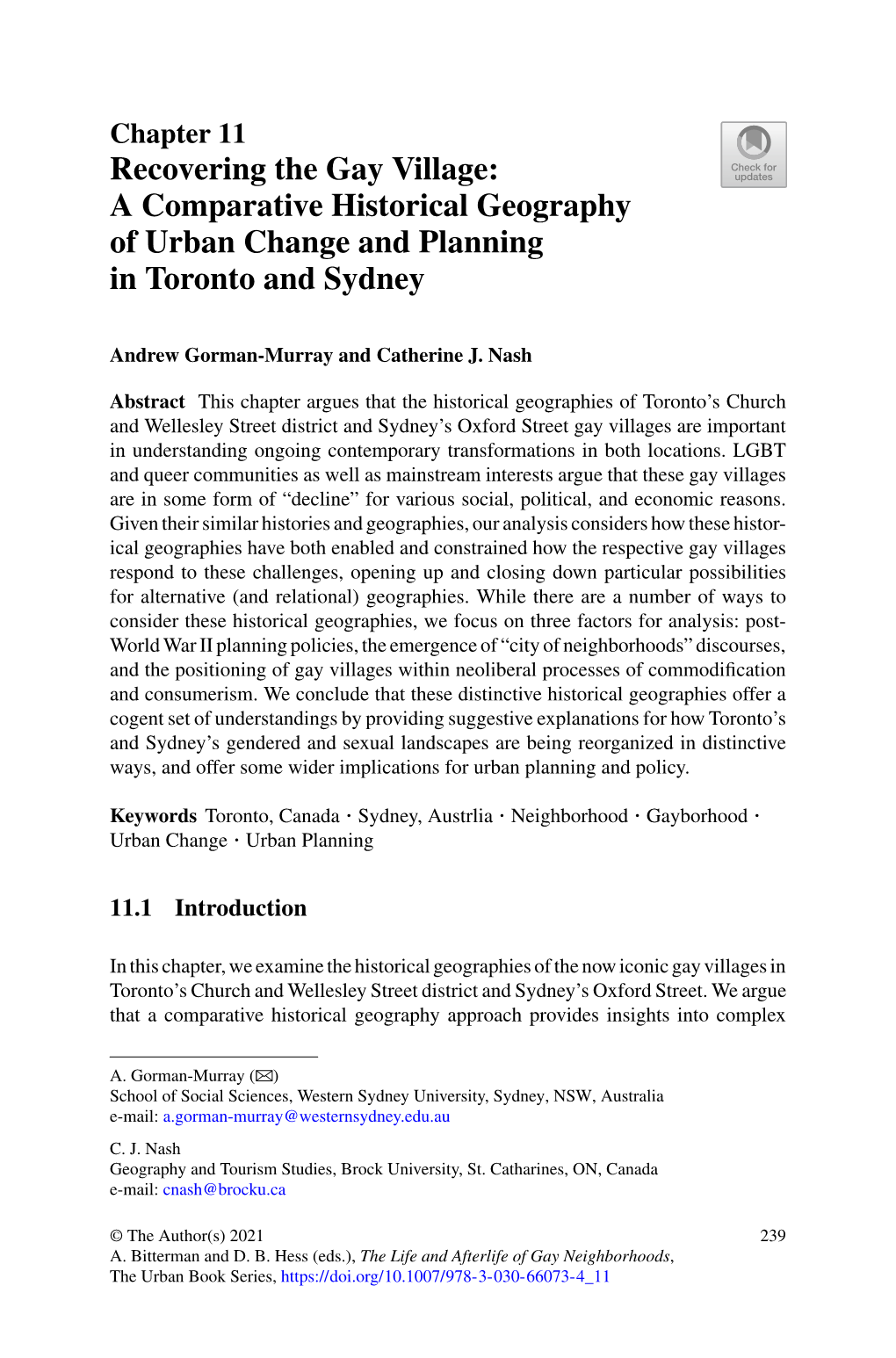 Recovering the Gay Village: a Comparative Historical Geography of Urban Change and Planning in Toronto and Sydney