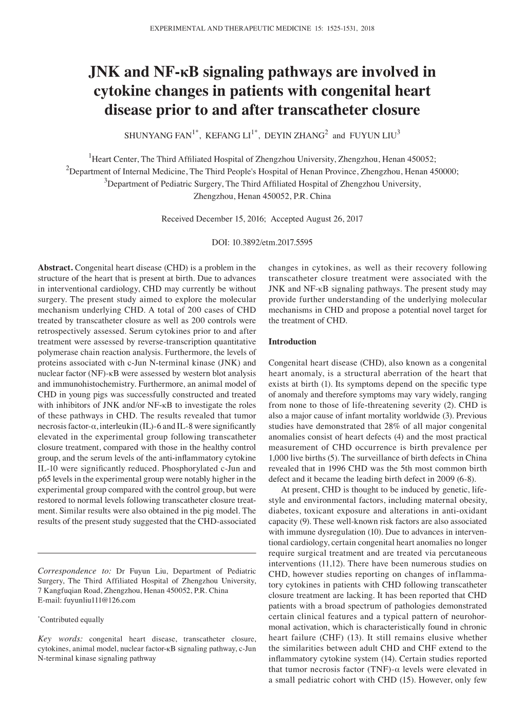 JNK and NF‑Κb Signaling Pathways Are Involved in Cytokine Changes in Patients with Congenital Heart Disease Prior to and After Transcatheter Closure