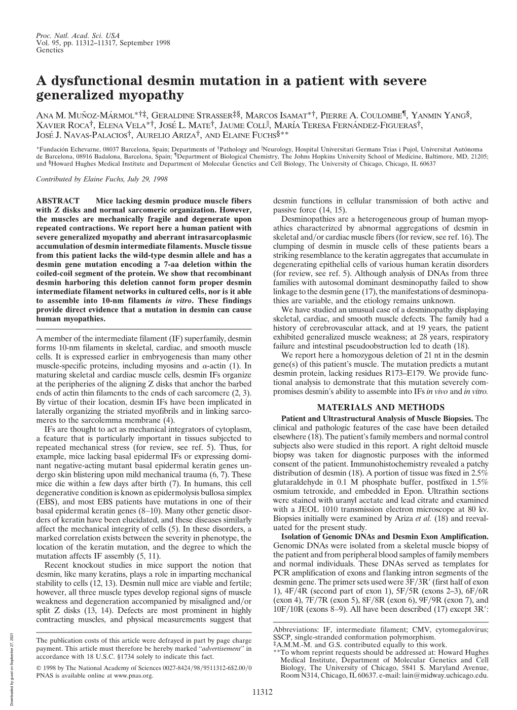 A Dysfunctional Desmin Mutation in a Patient with Severe Generalized Myopathy