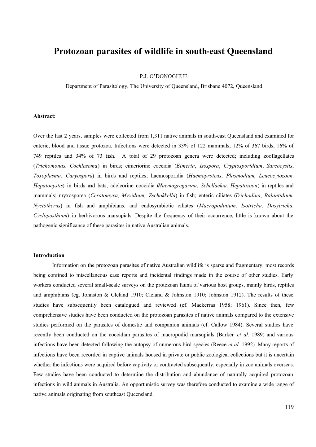 Protozoan Parasites of Wildlife in South-East Queensland