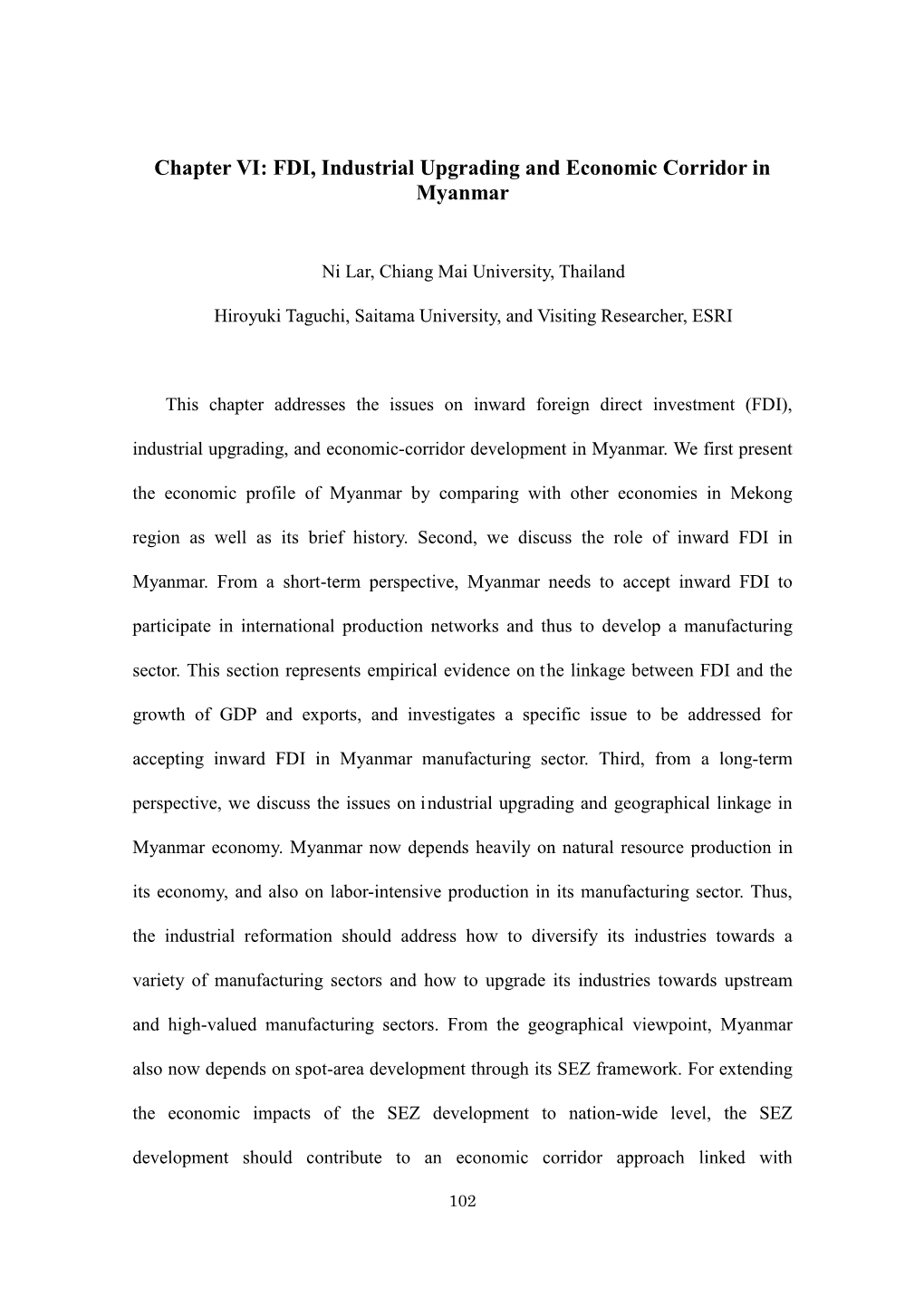 Chapter VI: FDI, Industrial Upgrading and Economic Corridor in Myanmar