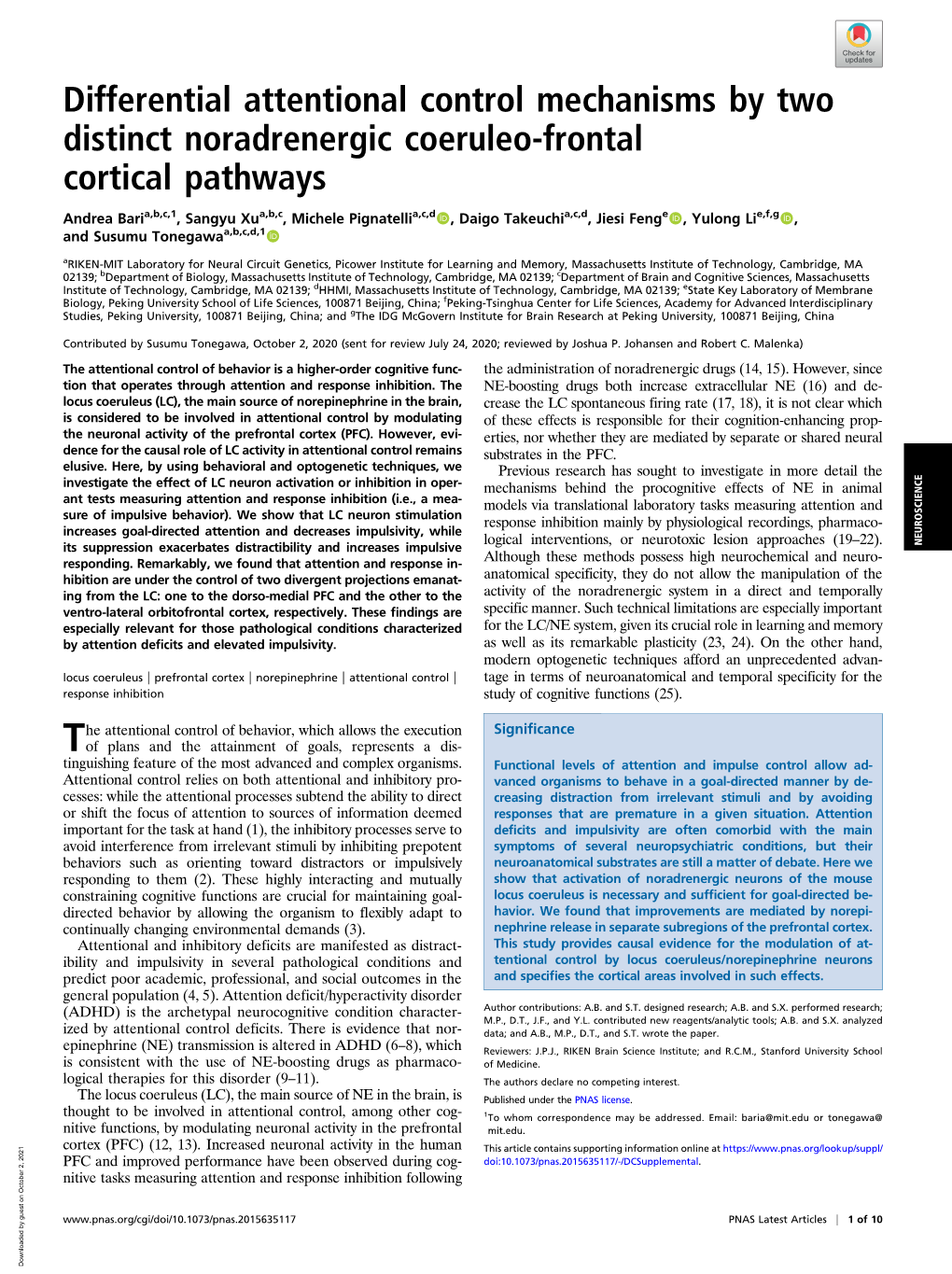 Differential Attentional Control Mechanisms by Two Distinct Noradrenergic Coeruleo-Frontal Cortical Pathways