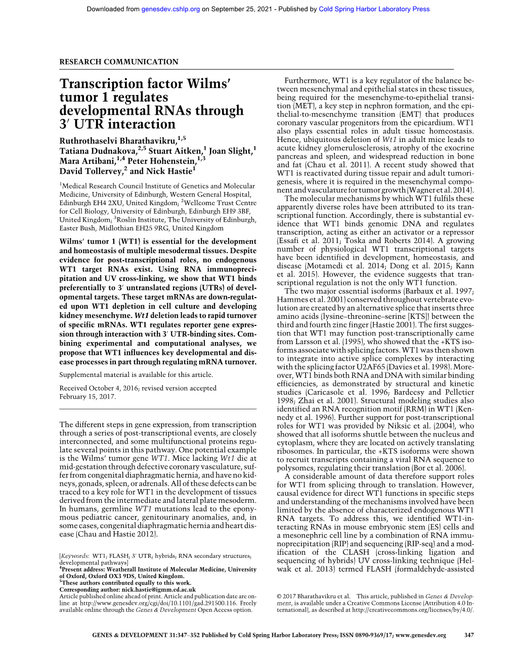 Transcription Factor Wilms' Tumor 1 Regulates Developmental Rnas Through 3 ′ UTR Interaction