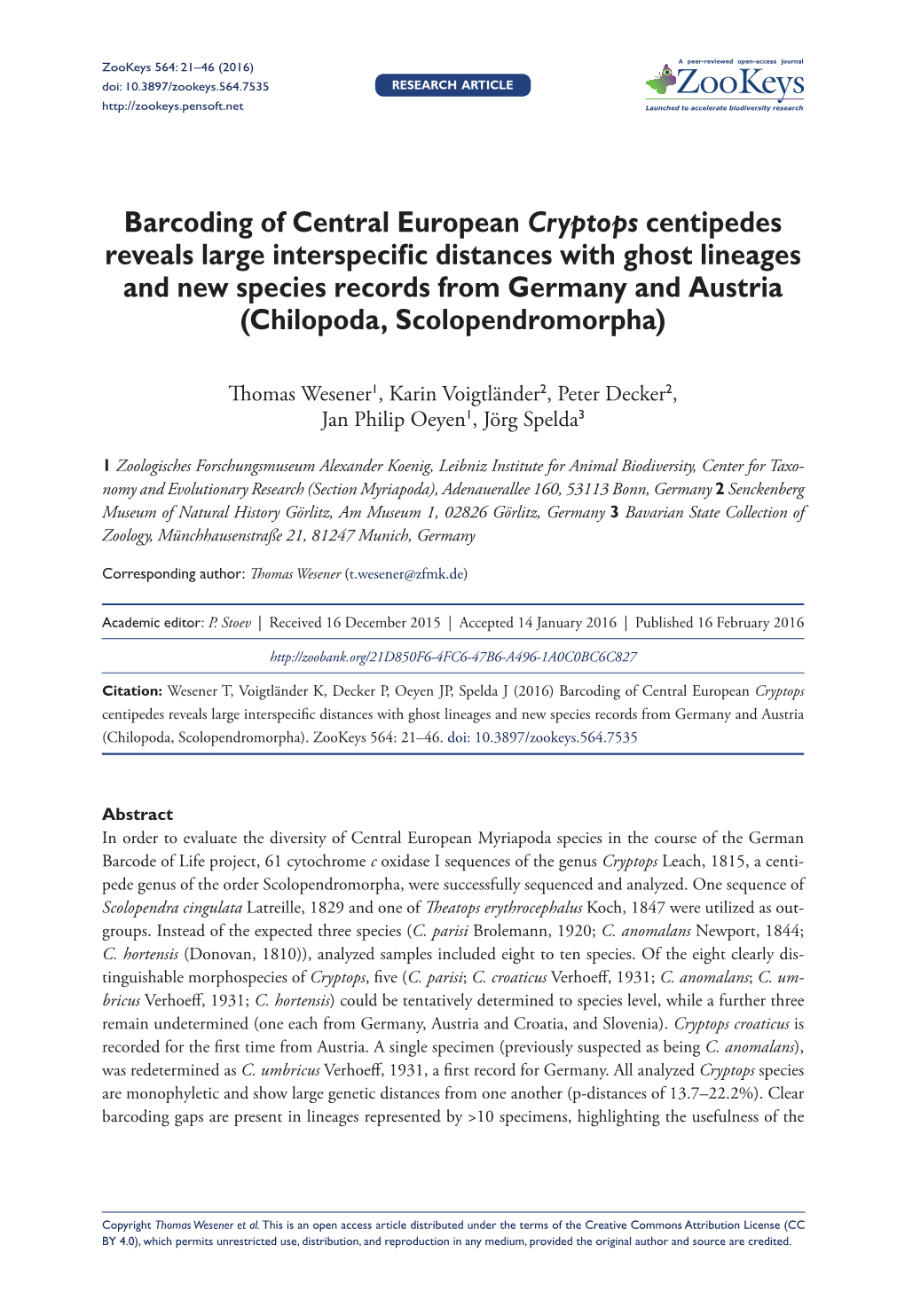 Barcoding of Central European Cryptops Centipedes