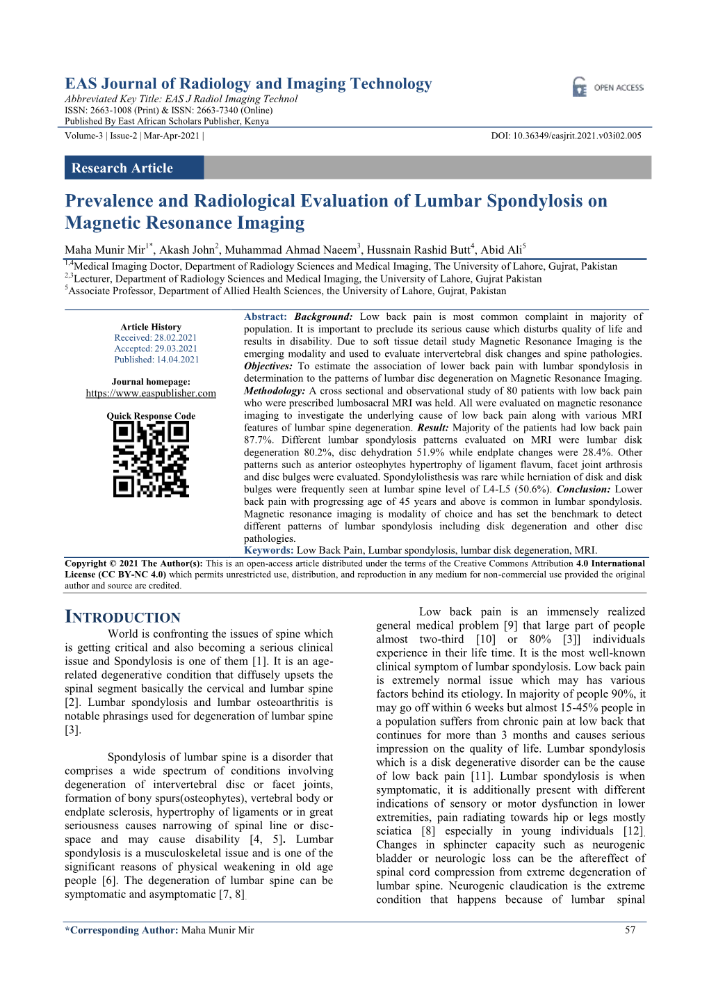 Prevalence and Radiological Evaluation of Lumbar Spondylosis