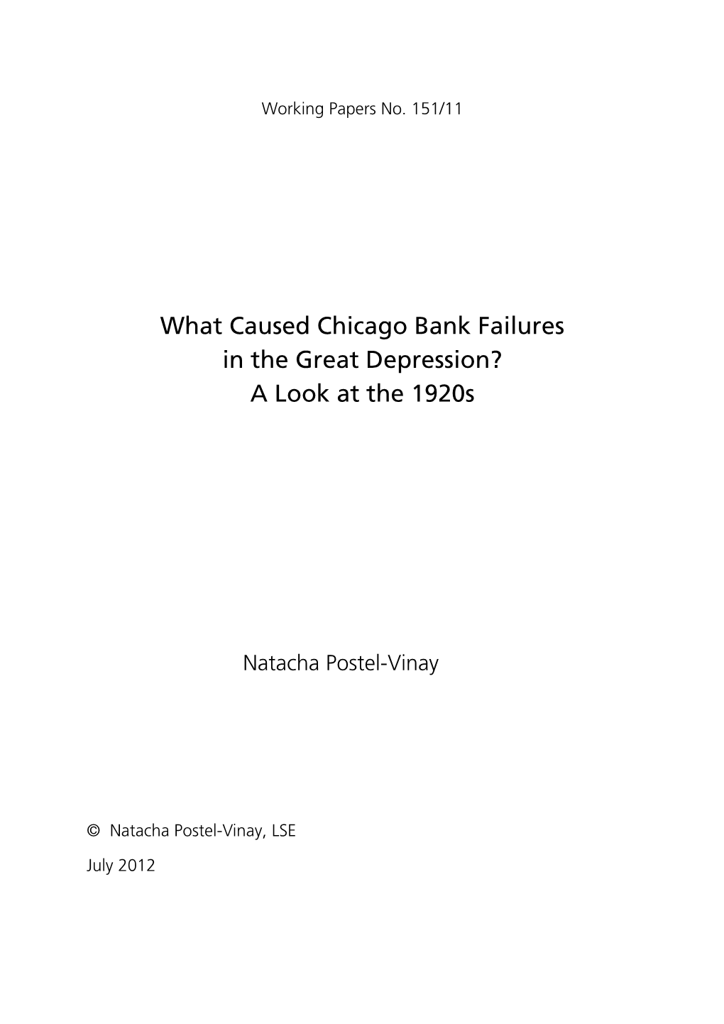 What Caused Chicago Bank Failures in the Great Depression? a Look at the 1920S