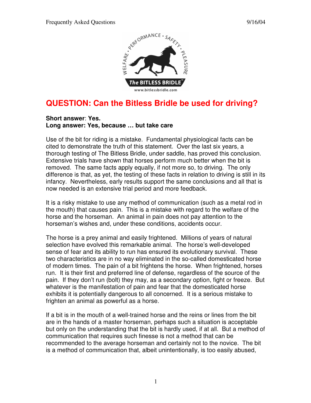 QUESTION: Can the Bitless Bridle Be Used for Driving?