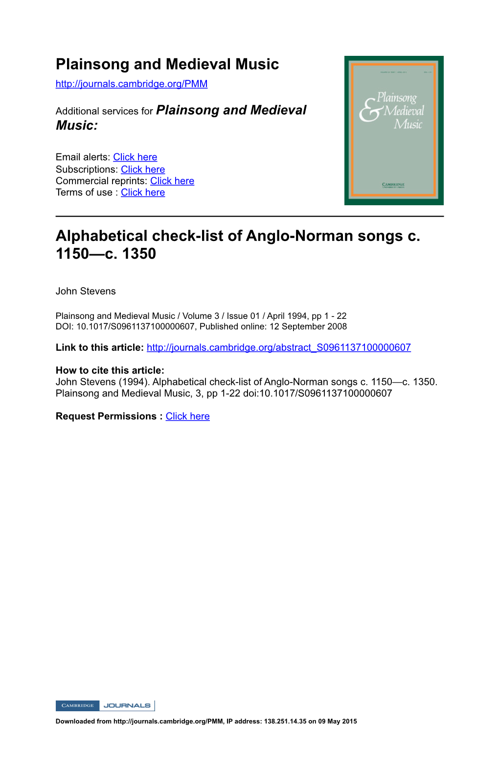 Plainsong and Medieval Music Alphabetical Check-List of Anglo