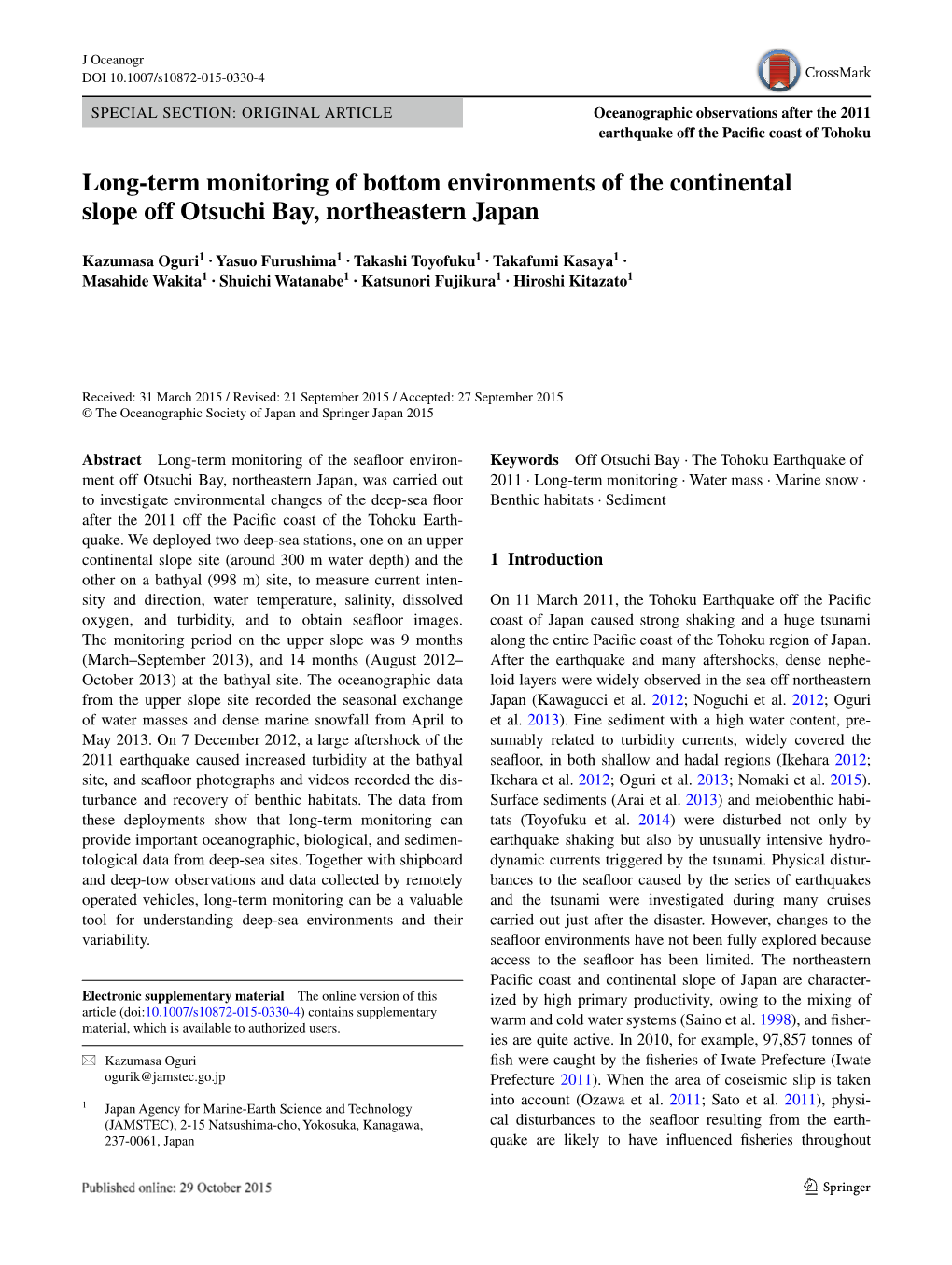 Long-Term Monitoring of Bottom Environments of the Continental Slope Off Otsuchi Bay,…