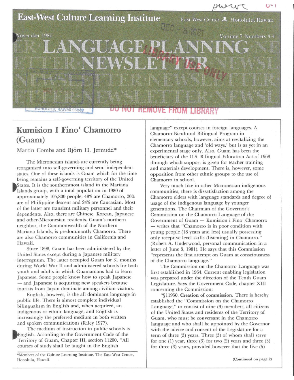 Language Planning Newsletter, November 1981, Vol. 7, No