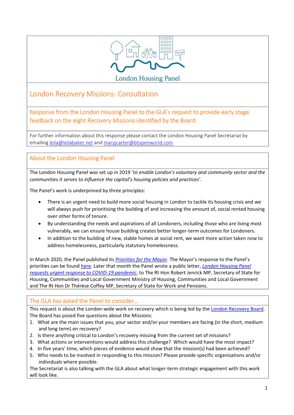 London Recovery Missions: Consultation