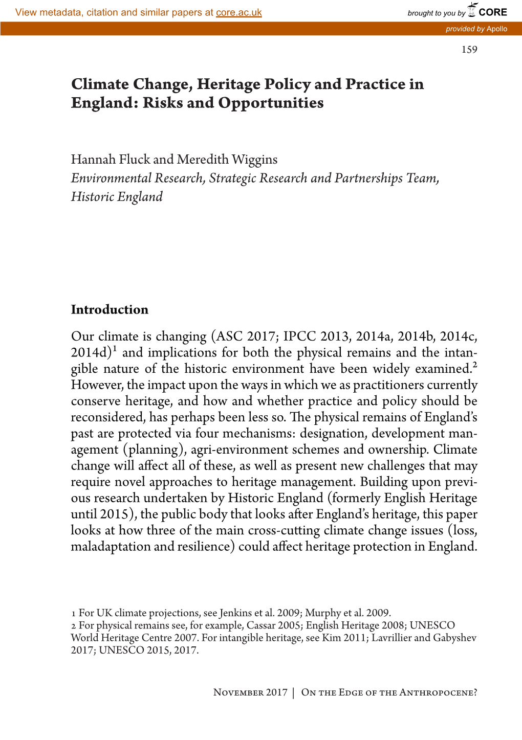 Climate Change, Heritage Policy and Practice in England: Risks and Opportunities