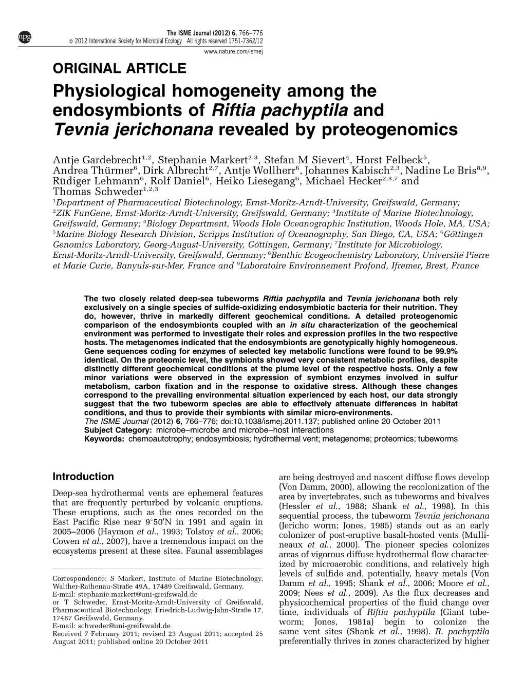 Physiological Homogeneity Among the Endosymbionts of Riftia Pachyptila and Tevnia Jerichonana Revealed by Proteogenomics