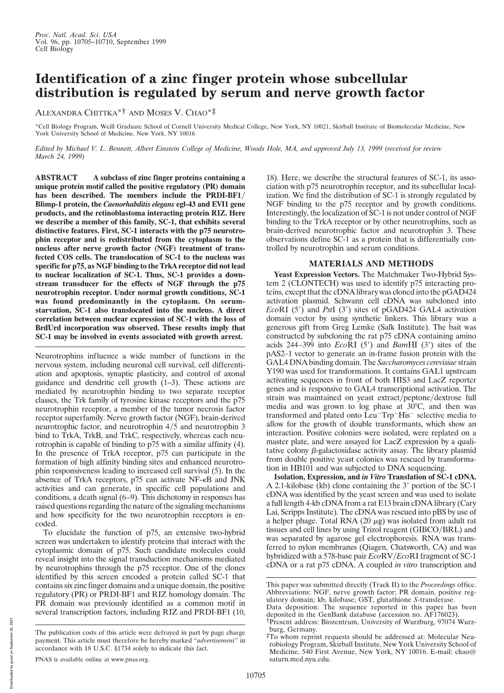 Identification of a Zinc Finger Protein Whose Subcellular Distribution Is Regulated by Serum and Nerve Growth Factor