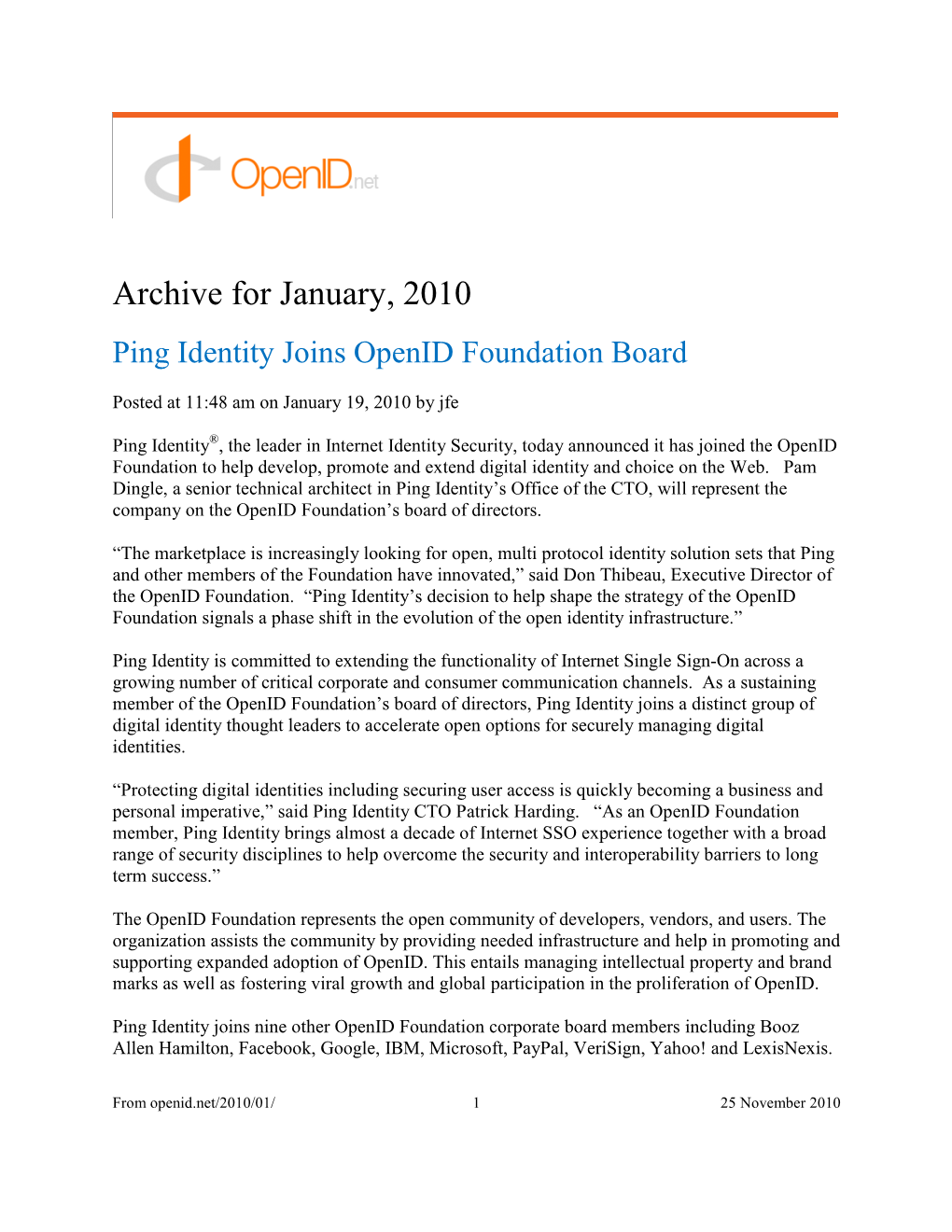 Archive for January, 2010 Ping Identity Joins Openid Foundation Board