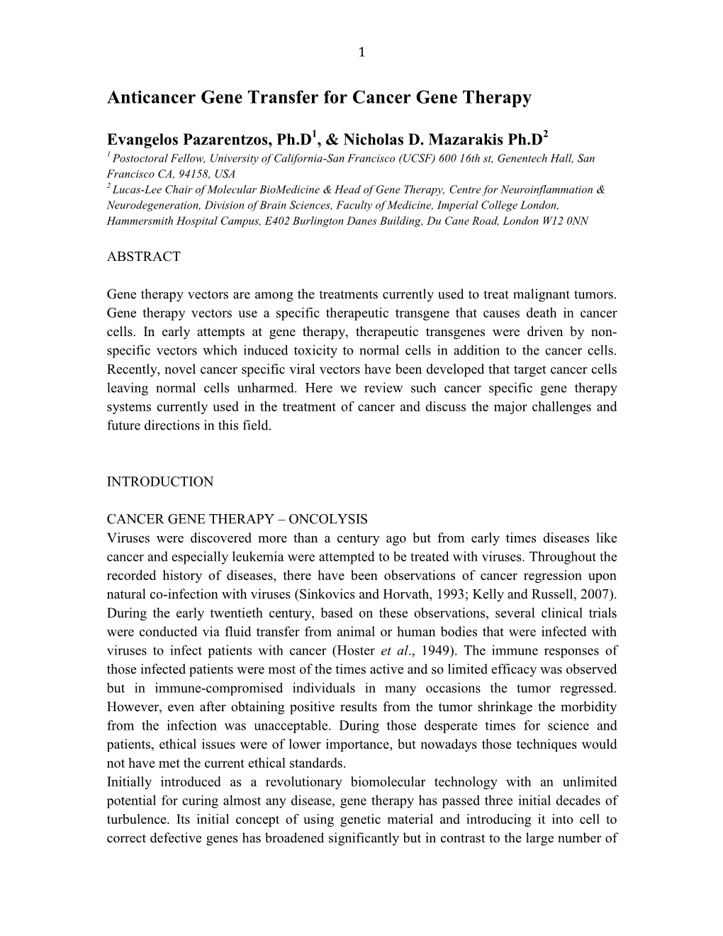 Anticancer Gene Transfer for Cancer Gene Therapy