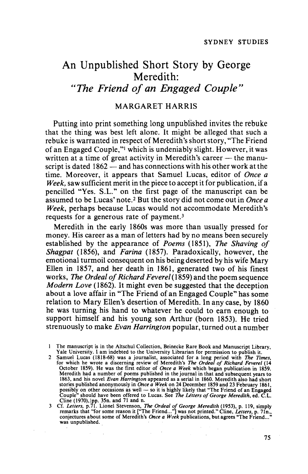 An Unpublished Short Story by George Meredith: "The Friend Ofan Engaged Couple"