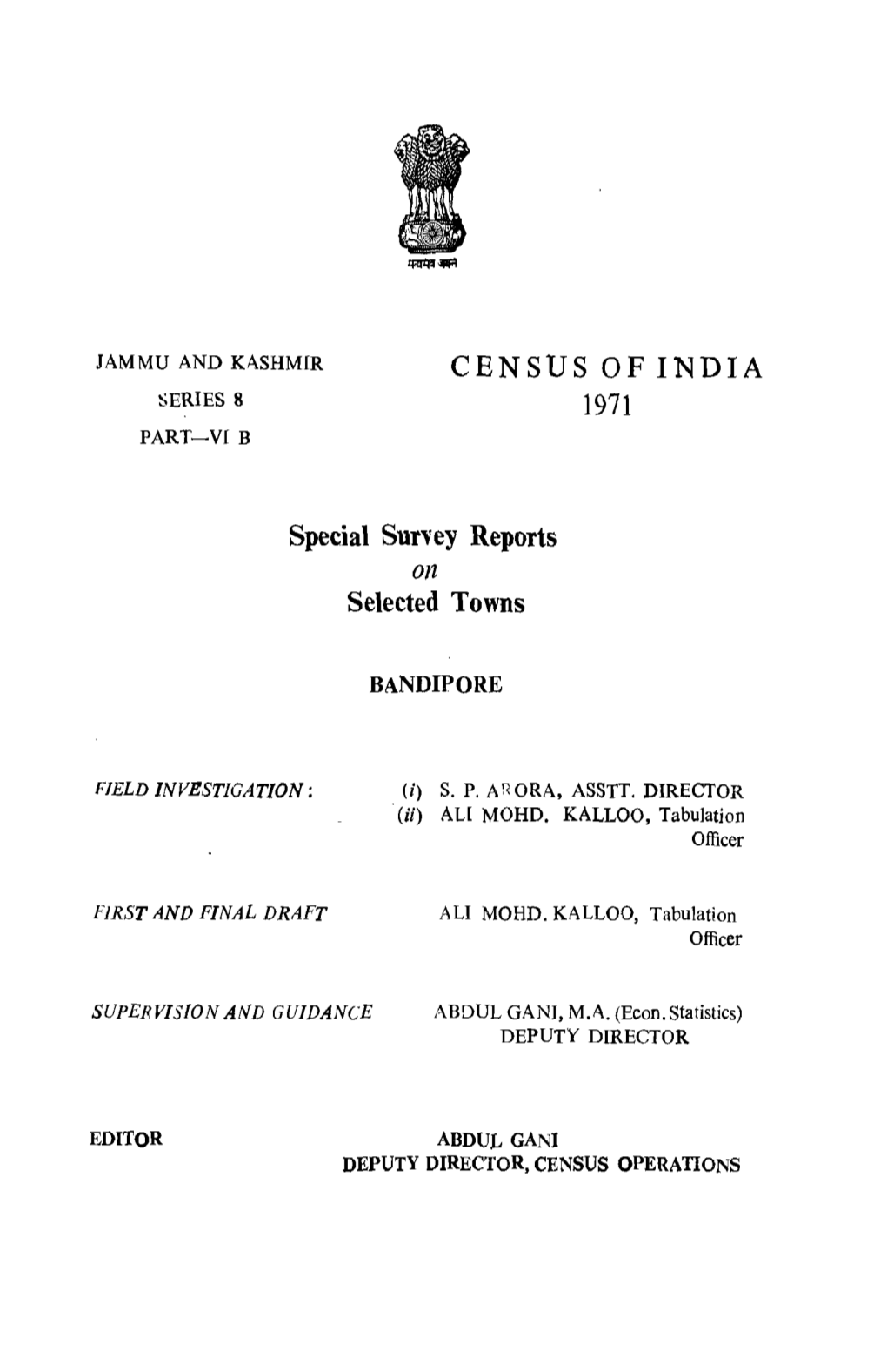 Special Survey Reports on Selected Towns, Bandipore, Part-VI B, Series-8