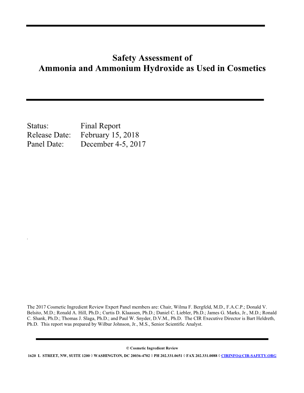 Safety Assessment of Ammonia and Ammonium Hydroxide As Used in Cosmetics