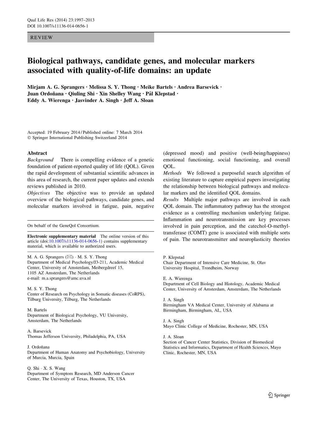 Biological Pathways, Candidate Genes, and Molecular Markers Associated with Quality-Of-Life Domains: an Update