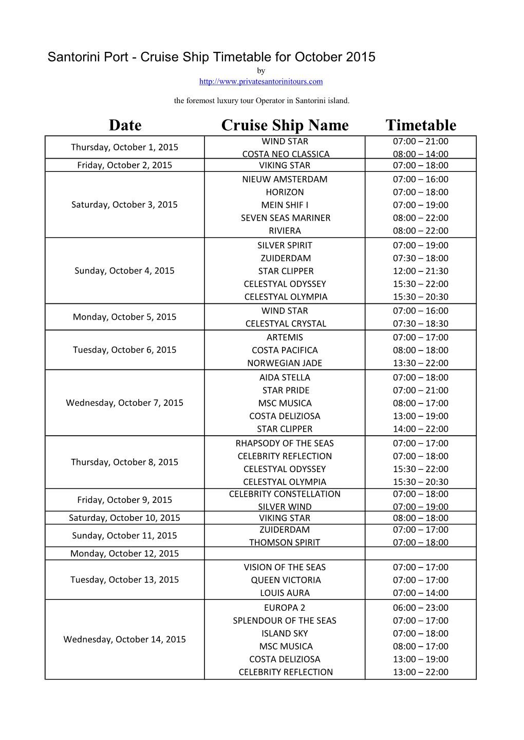 Santorini Port, Cruise Ship Timetable and Arrivals on October 2015