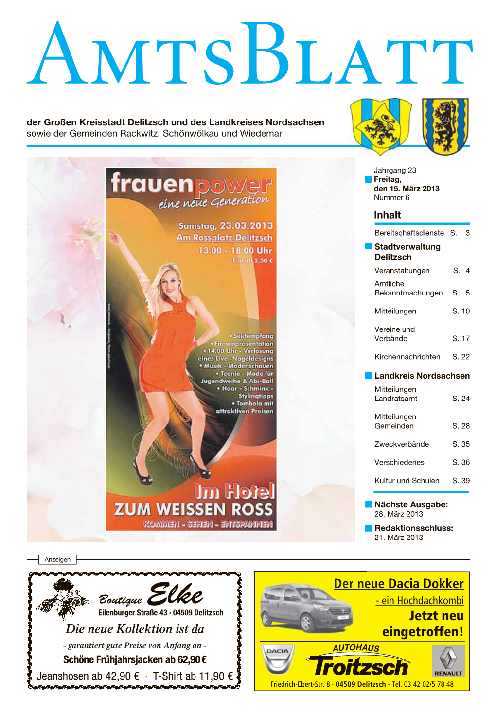 Amtsblatt Der Großen Kreisstadt Delitzsch Und Des Landkreises Nordsachsen Sowie Der Gemeinden Rackwitz, Schönwölkau Und Wiedemar