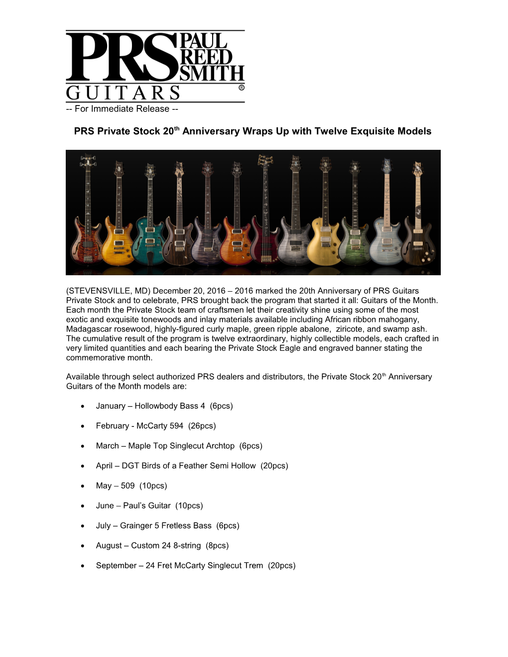 PRS Private Stock 20Th Anniversary Wraps up with Twelve Exquisite Models