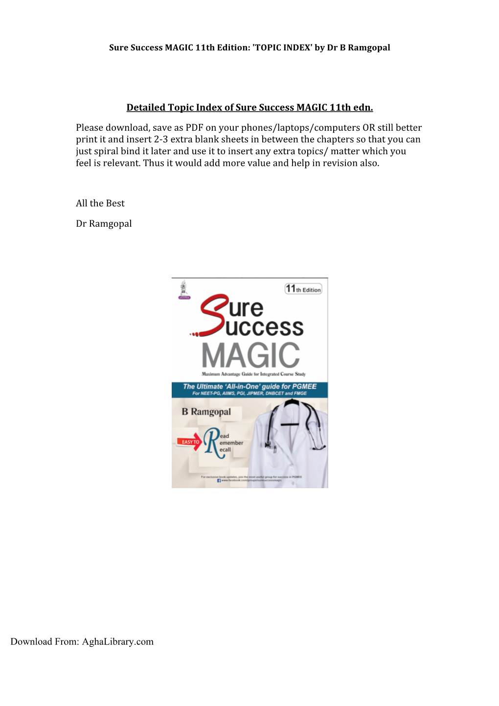Detailed Topic Index of Sure Success MAGIC 11Th Edn. Please Download, Save As PDF on Your Phones/Laptops/Computers OR Still