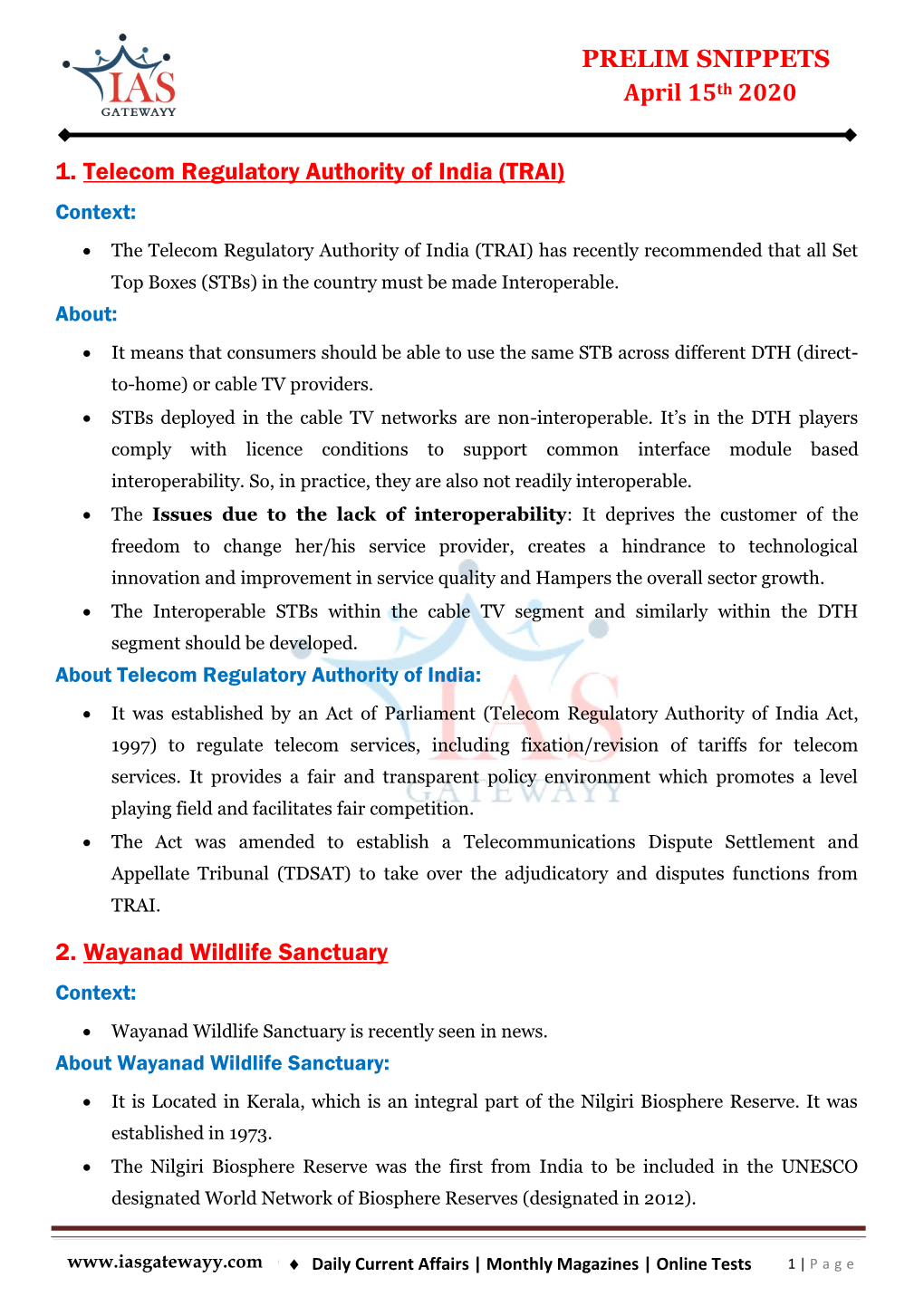 PRELIM SNIPPETS April 15Th 2020 1. Telecom Regulatory Authority Of