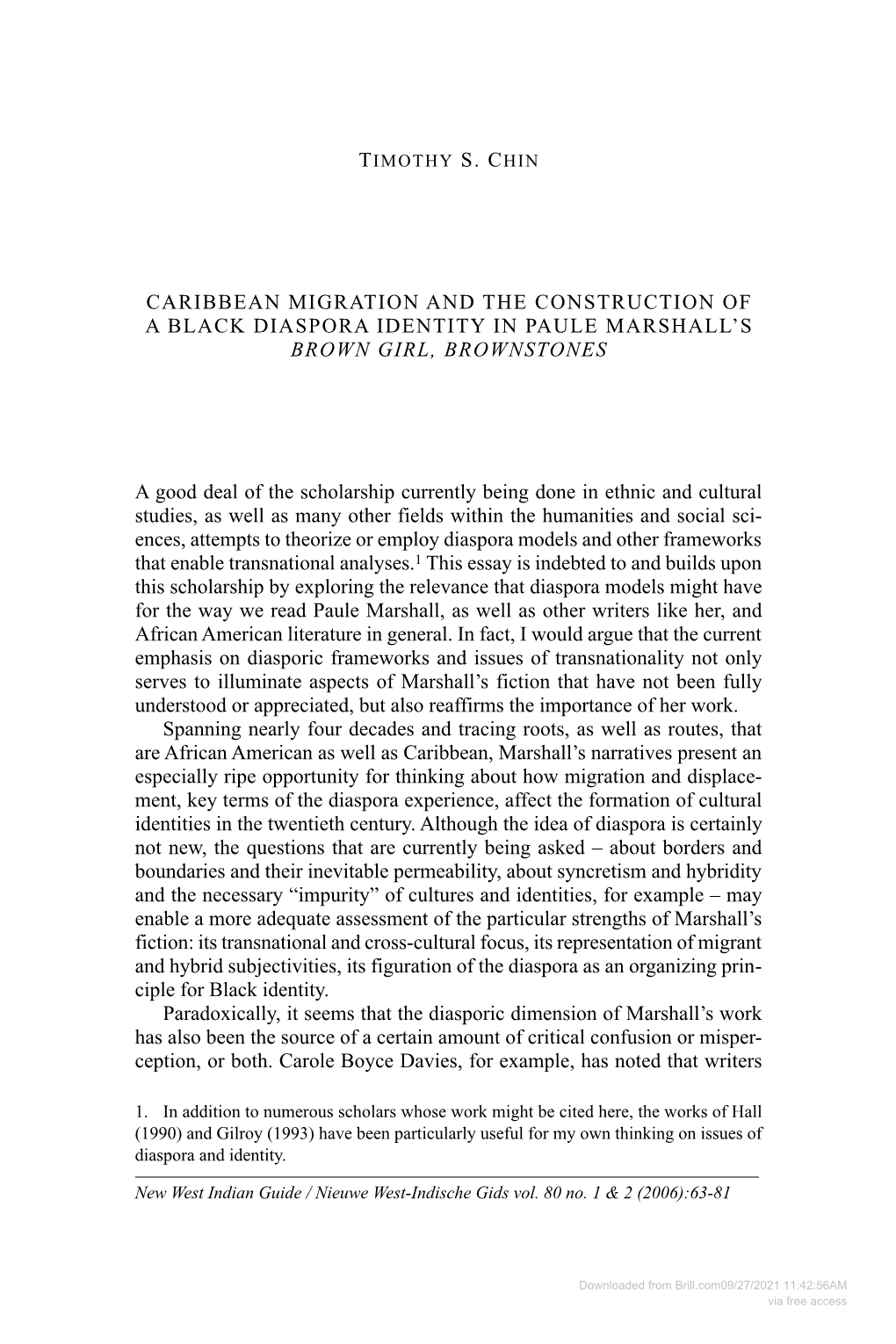 Caribbean Migration and the Construction of a Black Diaspora Identity in Paule Marshall's BROWN GIRL, BROWNSTONES a Good Deal