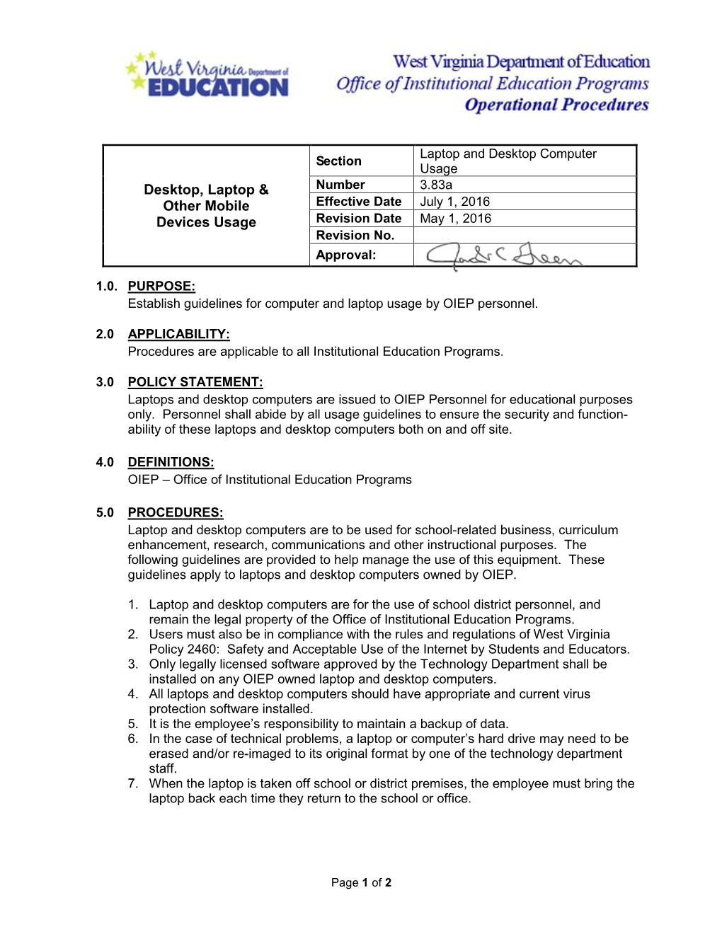 Desktop Laptop Mobile Device Usage Policy & Procedure