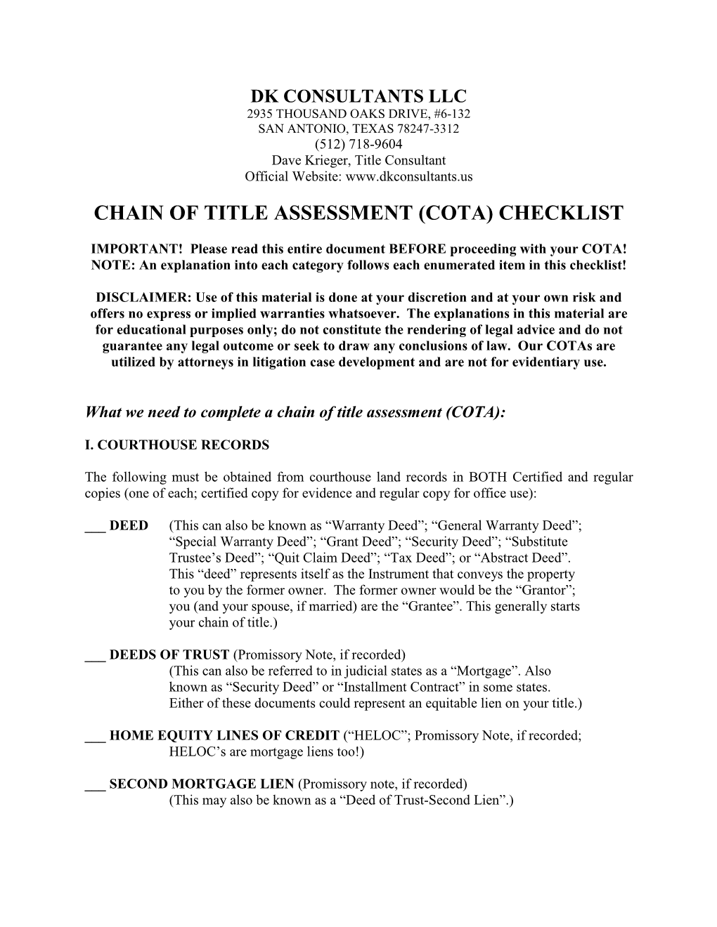 Chain of Title Assessment (Cota) Checklist