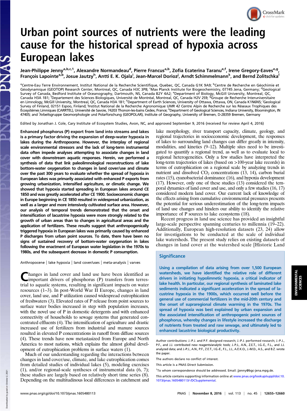 Urban Point Sources of Nutrients Were the Leading Cause for the Historical Spread of Hypoxia Across European Lakes