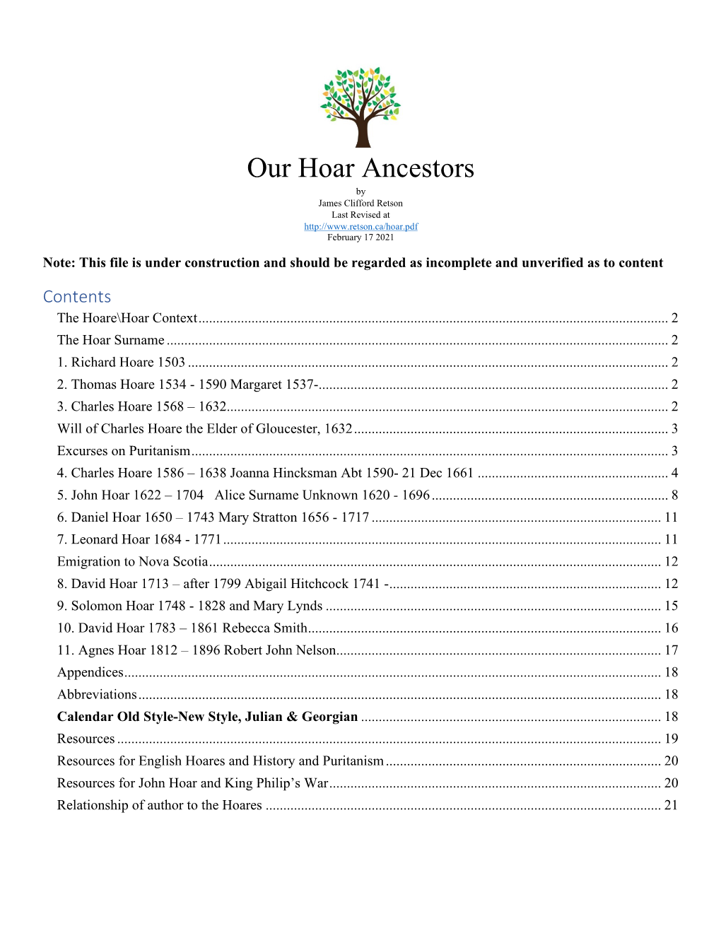 Our Hoar Ancestors by James Clifford Retson Last Revised at February 17 2021