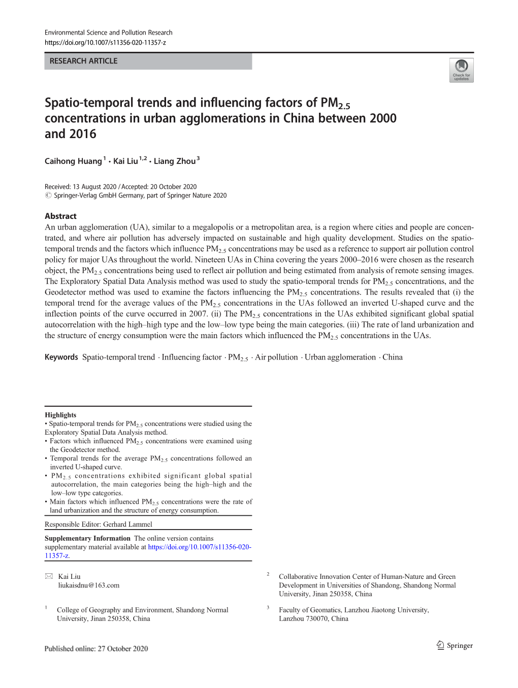 Spatio-Temporal Trends and Influencing Factors of PM2.5 Concentrations in Urban Agglomerations in China Between 2000 and 2016