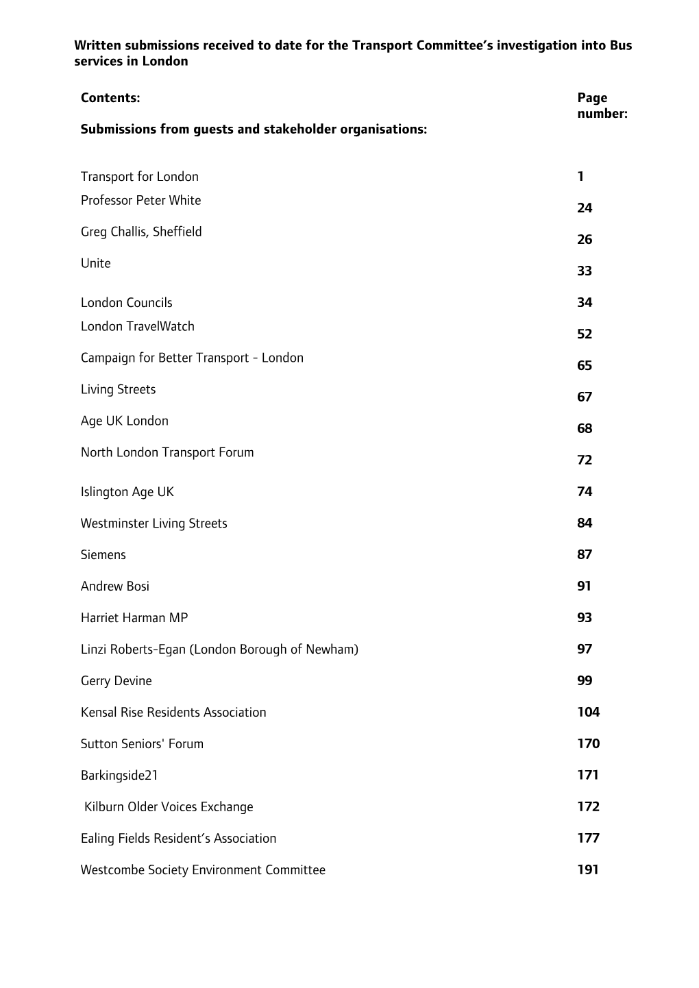 Written Submissions Received to Date for the Transport Committee's