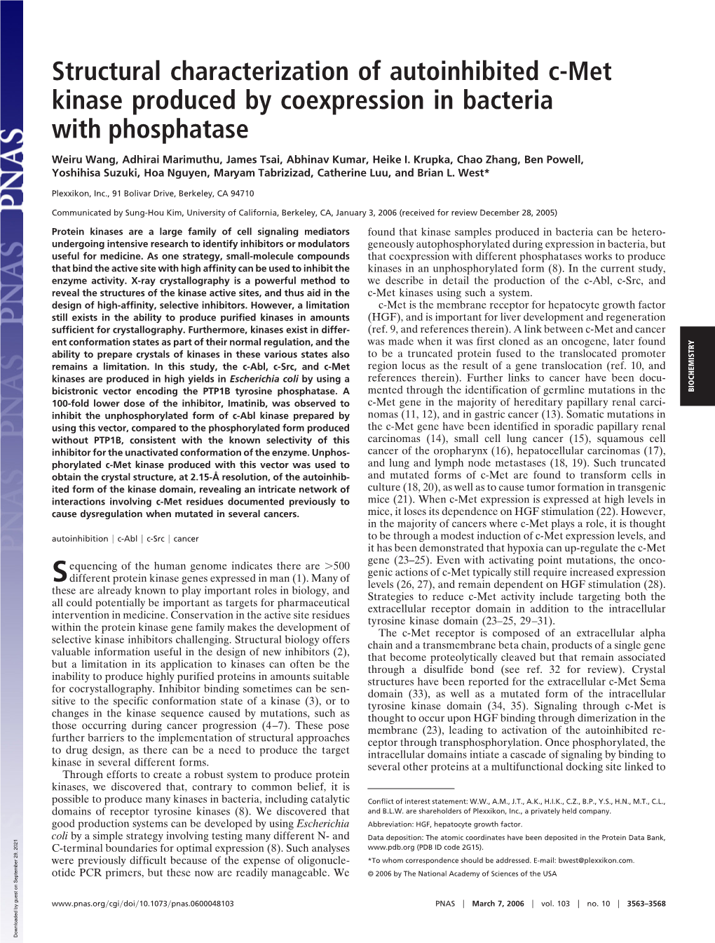 Structural Characterization of Autoinhibited C-Met Kinase Produced by Coexpression in Bacteria with Phosphatase