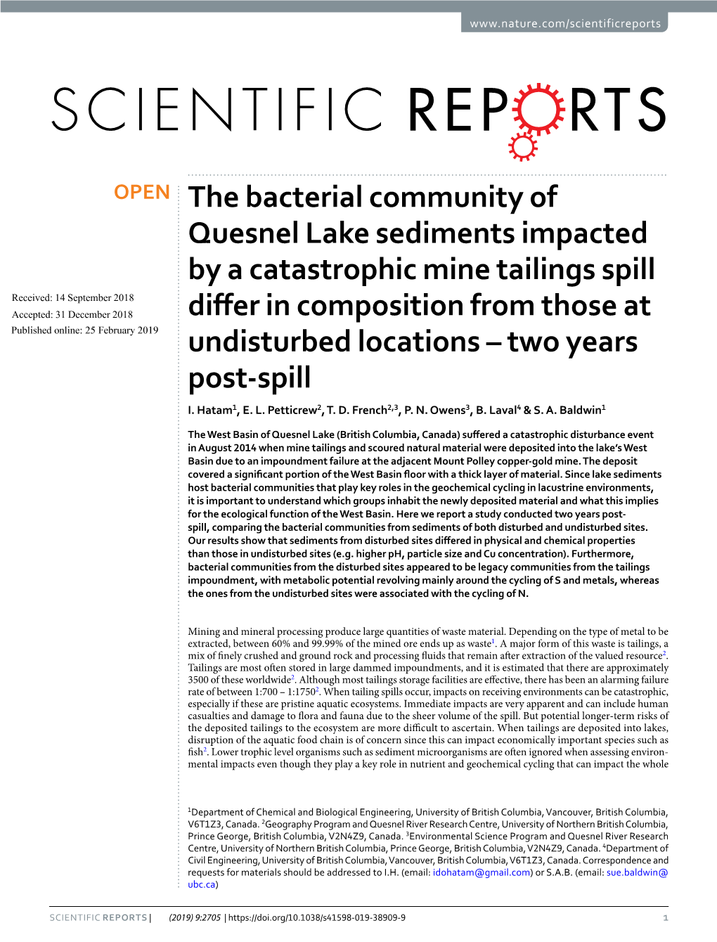 The Bacterial Community of Quesnel Lake Sediments Impacted by A