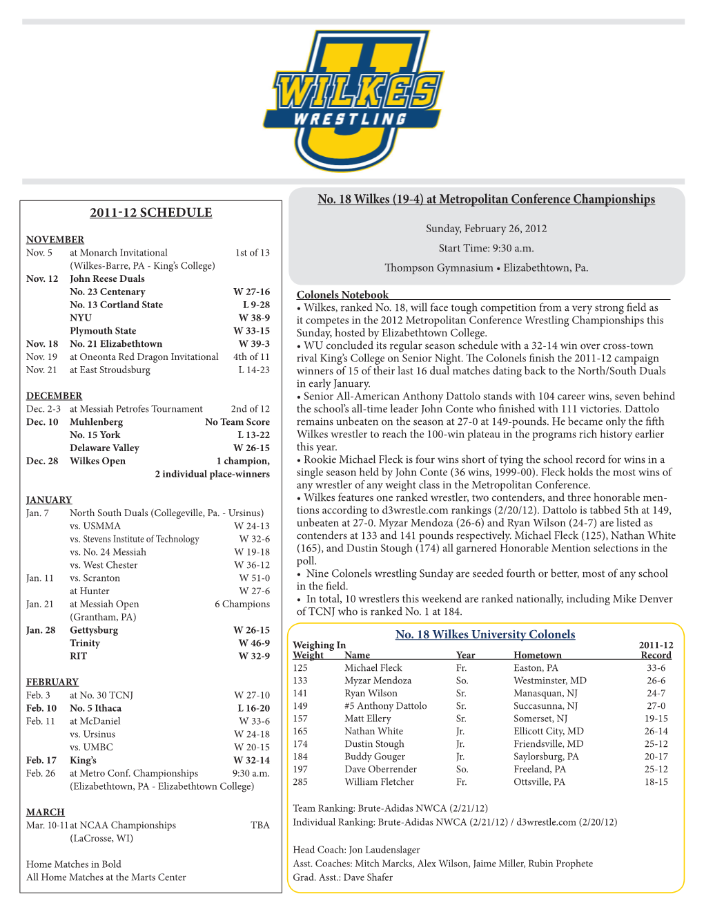 No. 18 Wilkes (19-4) at Metropolitan Conference Championships 2011-12 Schedule Sunday, February 26, 2012 November Nov