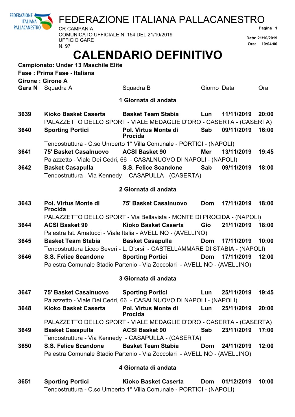 CALENDARIO DEFINITIVO Campionato: Under 13 Maschile Elite Fase : Prima Fase - Italiana Girone : Girone a Gara N Squadra a Squadra B Giorno Data Ora