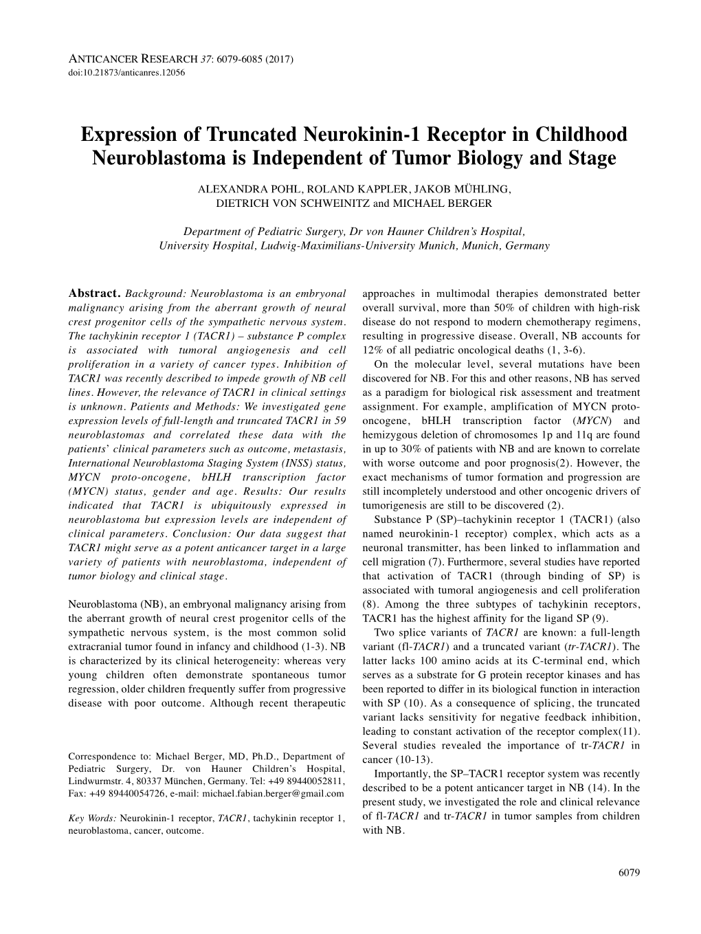 Expression of Truncated Neurokinin-1 Receptor in Childhood