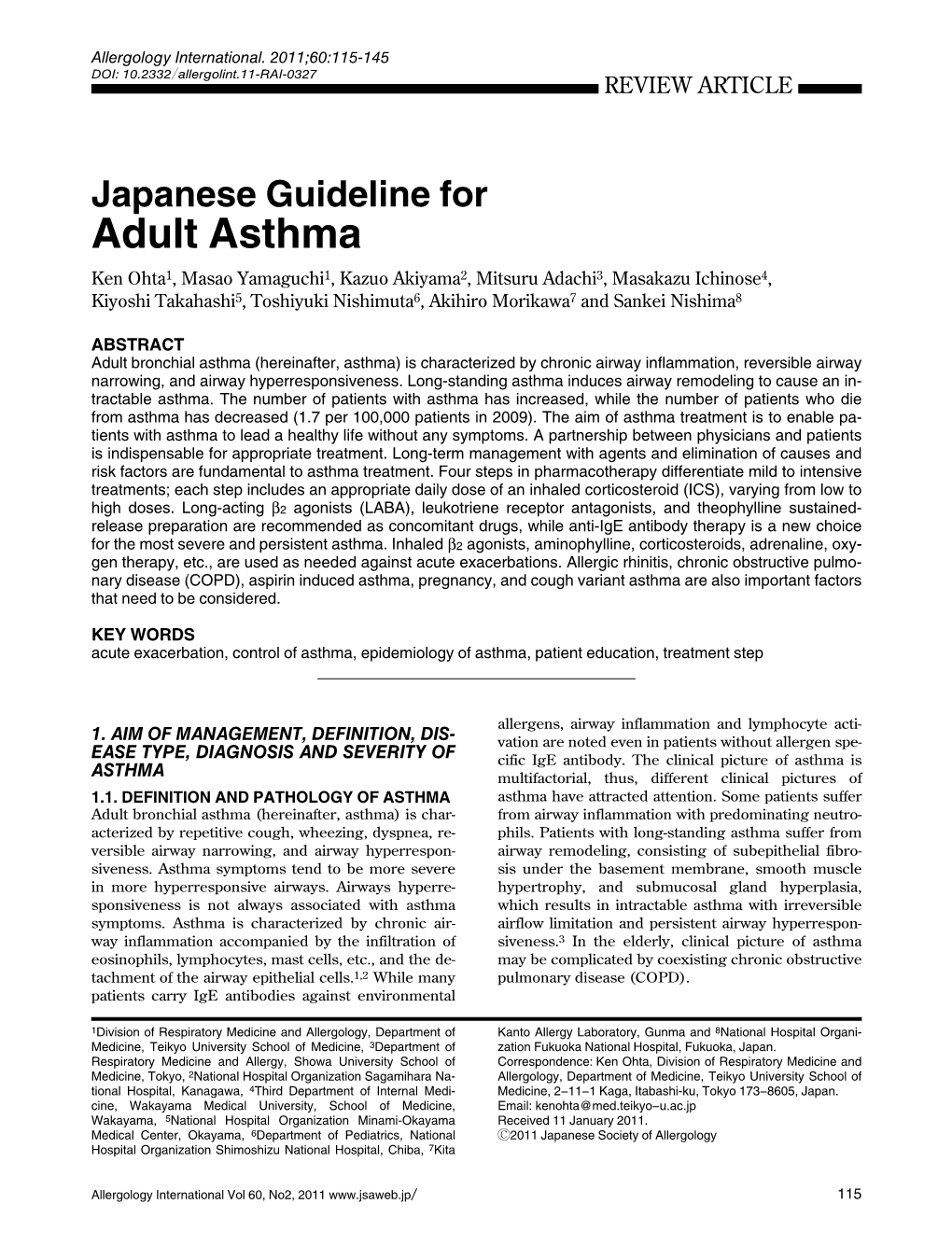 Japanese Guideline for Adult Asthma