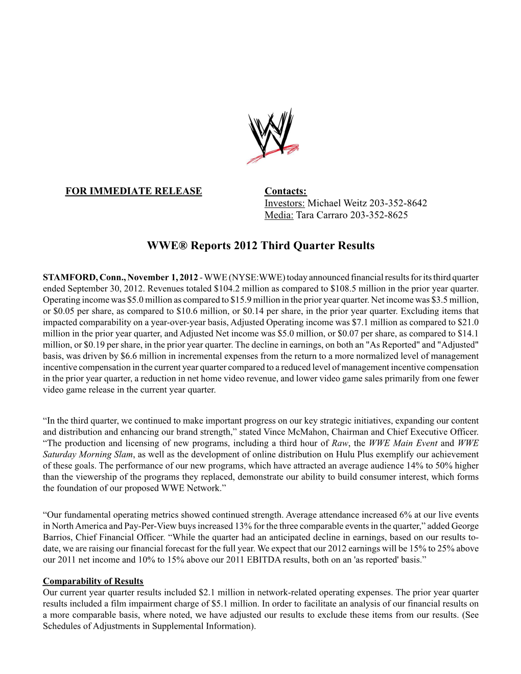 WWE® Reports 2012 Third Quarter Results