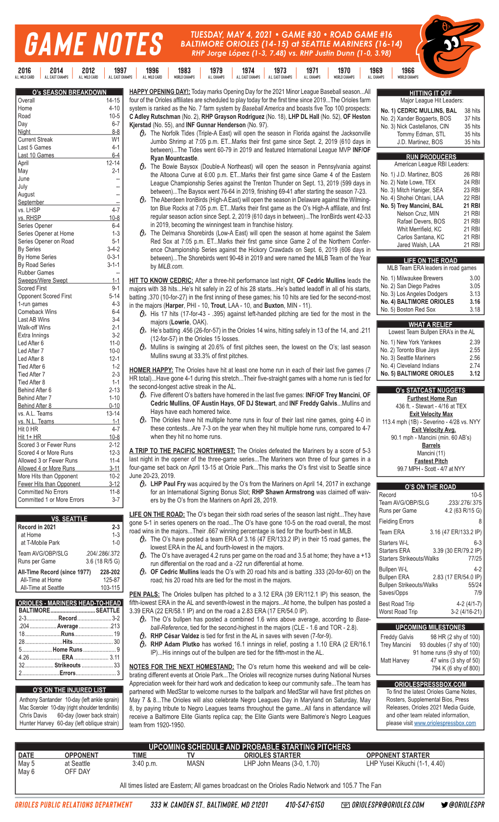 TUESDAY, MAY 4, 2021 • GAME #30 • ROAD GAME #16 BALTIMORE ORIOLES (14-15) at SEATTLE MARINERS (16-14) RHP Jorge López (1-3, 7.48) Vs