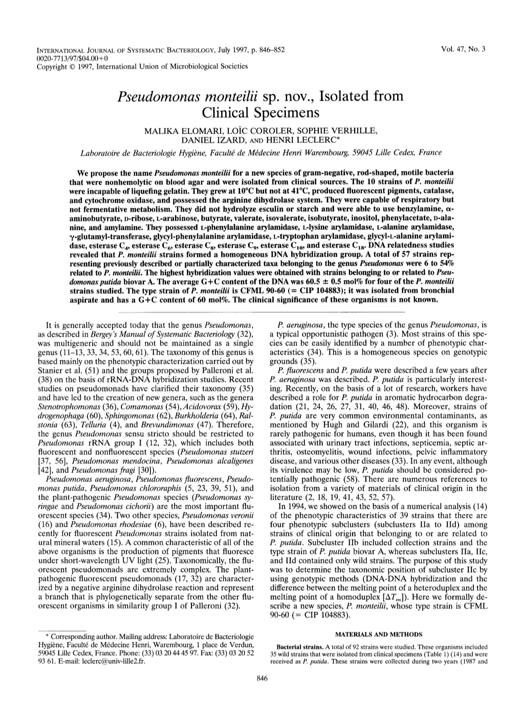 Pseudomonas Monteilii Sp. Nov., Isolated from Clinical Specimens